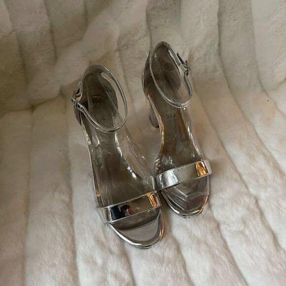 worthington metallic silver ankle straps block heels open toe size 9.5 - Picture 2 of 10